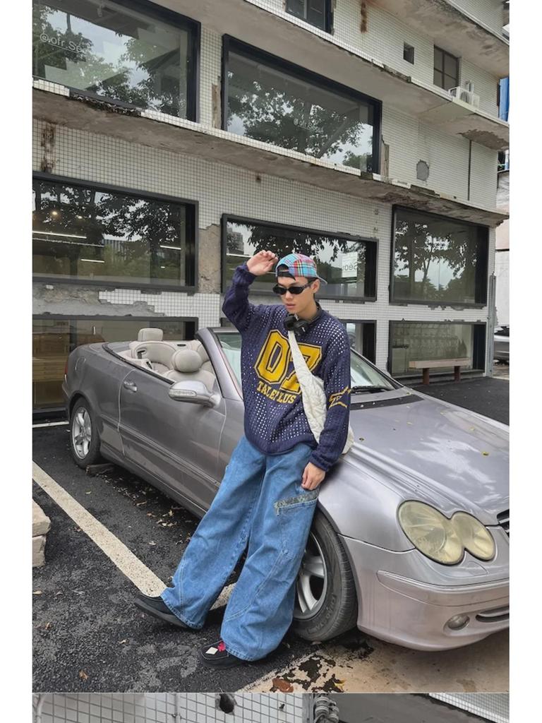 Men's Retro Leopard Patchwork Wide-Leg Jeans - Washed Scimitar Design, Spring/Autumn Style