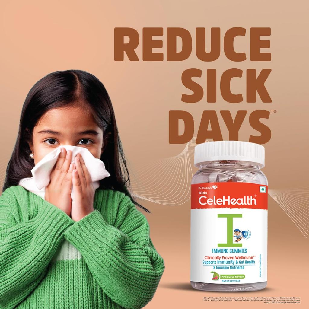 Dr. Reddy's Kids CeleHealth Immunity Gummies with Wellmune, Vitamin C & Zinc, Pink Guava Flavour, 30 Gummies Pack