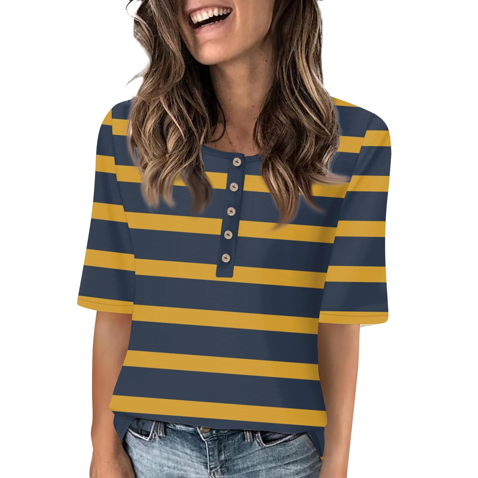 

Рубашки для женщин, модные футболки с круглым вырезом и пуговицами, повседневные летние футболки с принтом, футболка, блузка, топы с короткими рукавами для женщин XL жёлтый