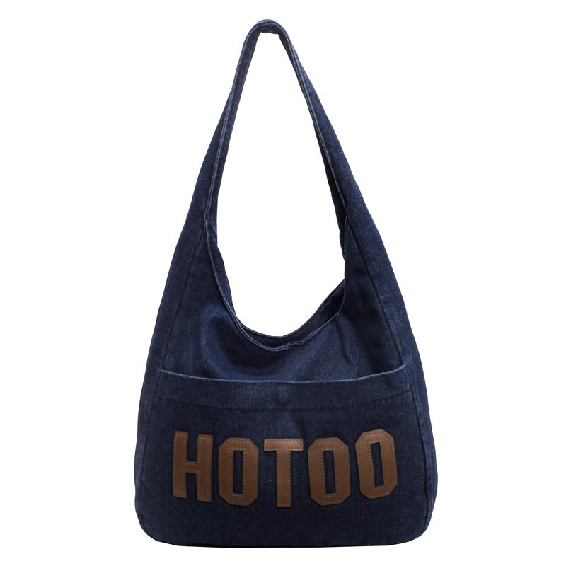Student Shoulder Bag Letter Print Denim Bag Women's Large Capacity Commuter Tote Bag
