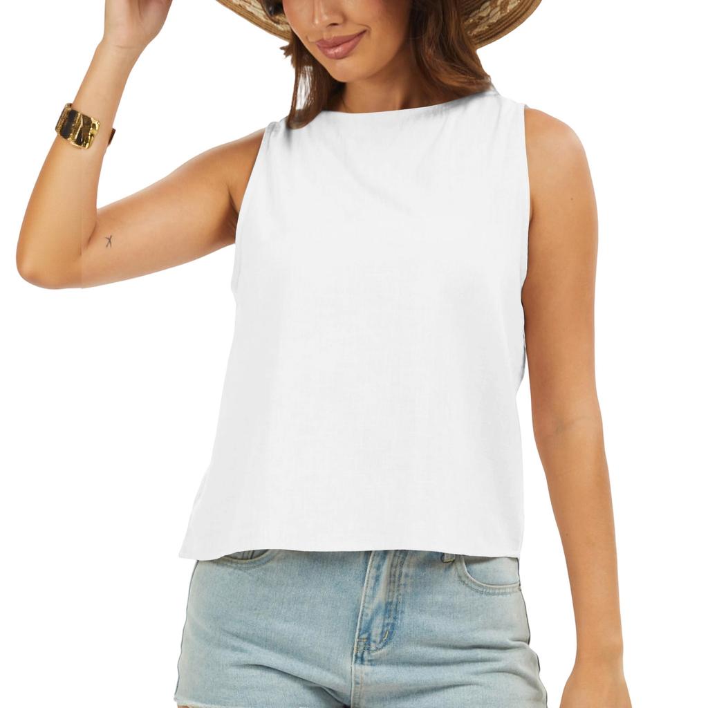 Women Sleeveless Linen Cotton Blend Crew Neck Tank Top Casual Loose Fit Blouse Lightweight Basic Shirt for Summer Daily Wear