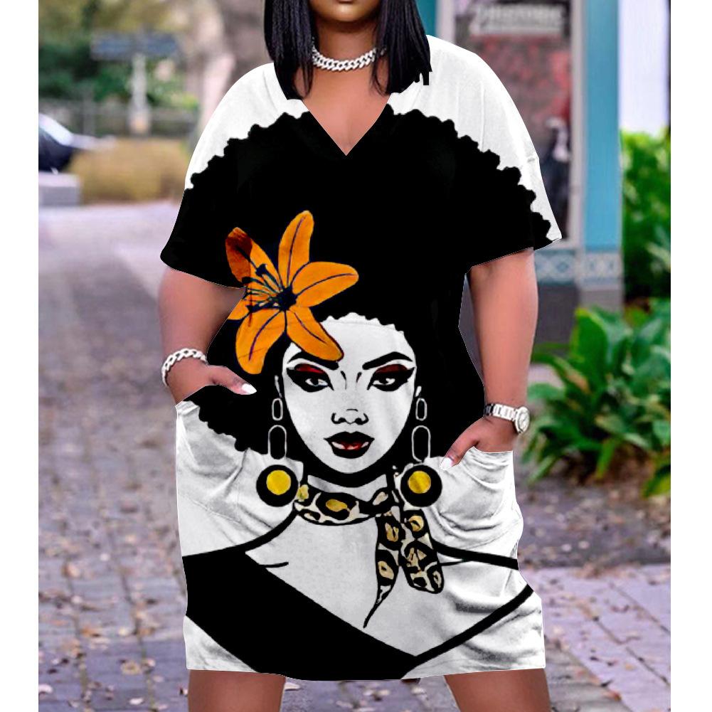 2026 digital printing cross-border temperament commuter skirt pullover V-neck dress