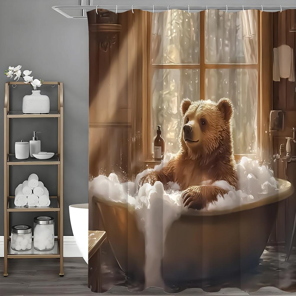 brown bear is taking a bath Shower Curtain Washable Dirt-Resistant Shower Head waterproof Polyester Bath Curtain For Home Deco