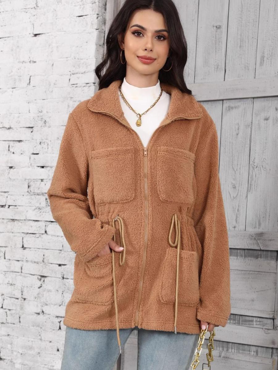 

Faux Fur Oversized Pocket Zippered Stand Collar Long Sleeve Coat for Women - New Fall Winter Fashion L