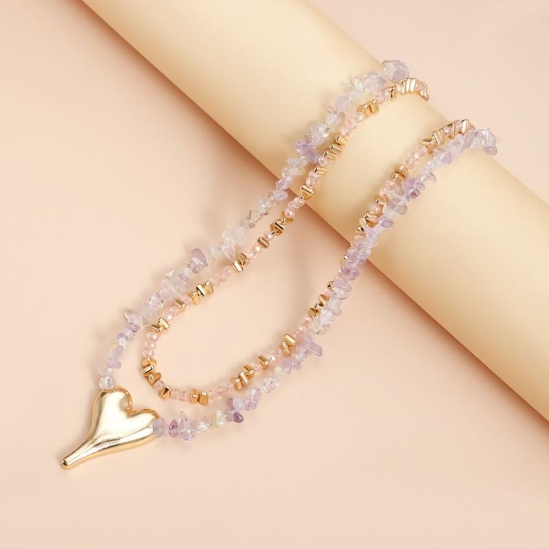 Fashionable Natural Stone Heart Pendant Necklace Adjustable Length Neckchain Lightweight Jewelry For Casual Or Party
