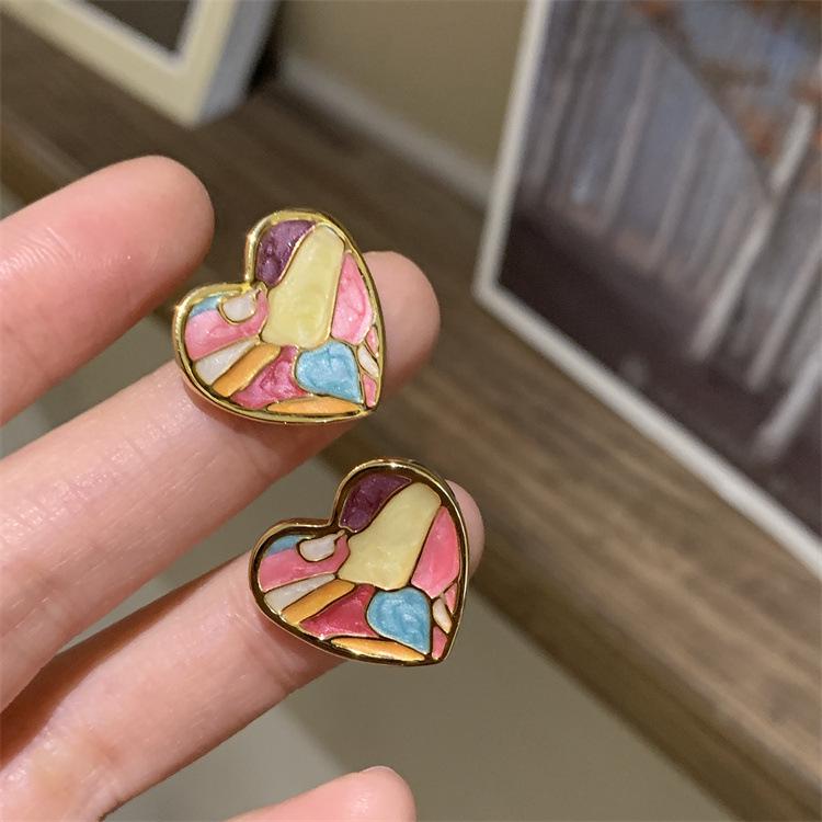 French Enamel Heart Drop Glaze Square Stud Earrings - Luxury, Sweet, High-End Feel