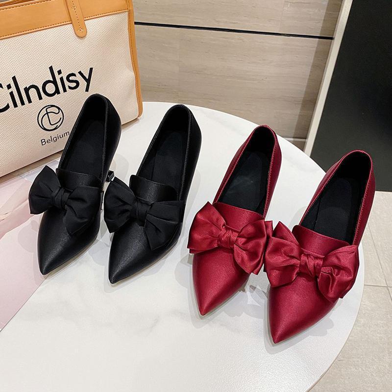 Pointed Bow High Heels Single Shoes Women's Thin Heels Korean Version 2025 Spring New Niche Deep Mouth Shoes Red Wedding Shoes