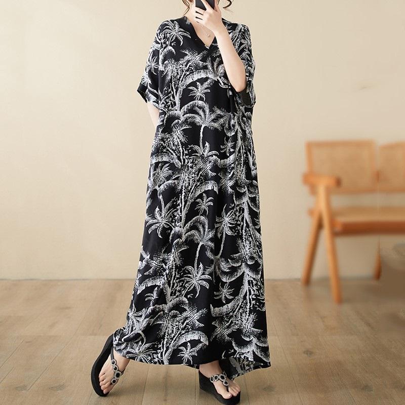 Manga corta Tallas grandes satén de algodón vintage floral nuevo en vestidos para mujeres casual suelto maxi vestido largo de verano