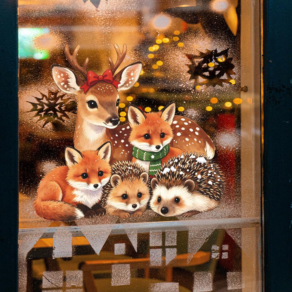 Christmas Painted Cartoon Elk Little Hedgehog Outdoor Glass Window Beautification Window Sticker