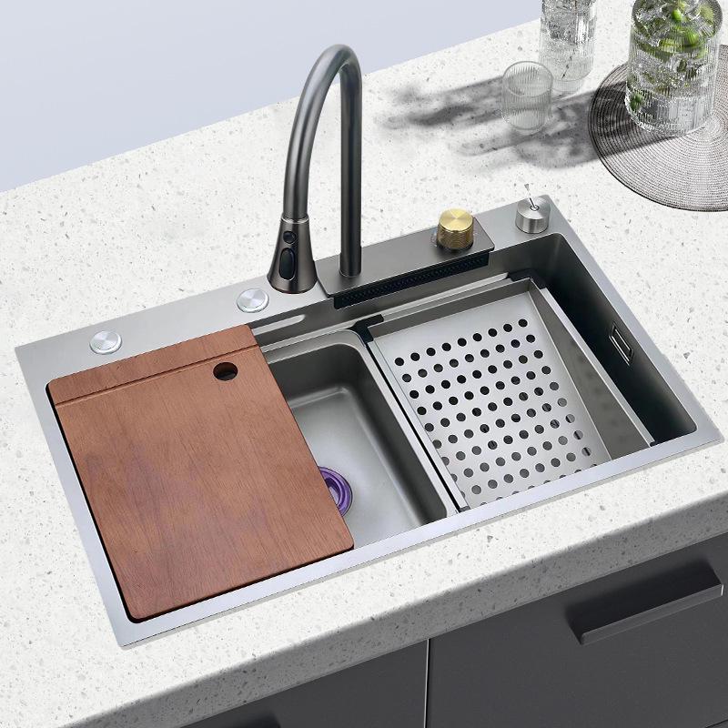 Fully Equipped 304 Stainless Steel Kitchen Sink with Thickened Waterfall Faucet