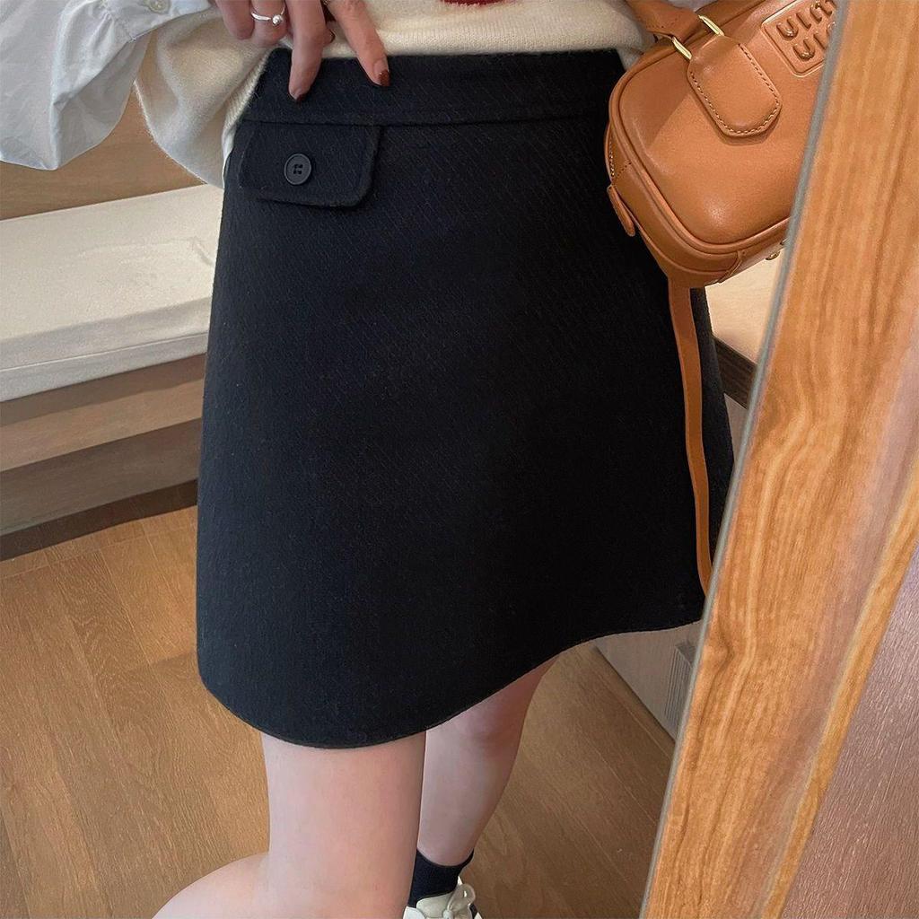 Women's High Waist A-Line Wool Skirt - Plain, Slim Fit, Versatile Midi for Spring, Autumn, Winter
