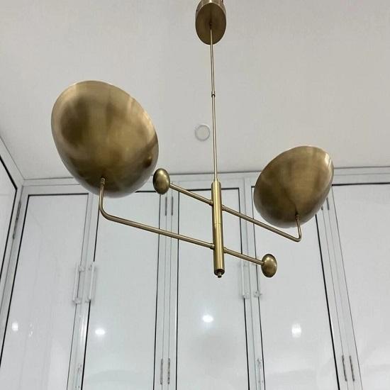Mid‑Century Linear Sputnik 2‑Light Curved Brass Pendant Chandelier