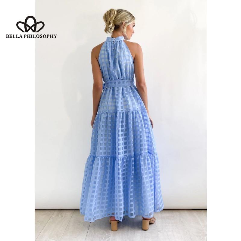 Evropská americká léto Nové pro volný čas Špičkové šaty bez rukávů v pase Velká houpačka Lehký vítr Plážové prázdninové šaty ke krku