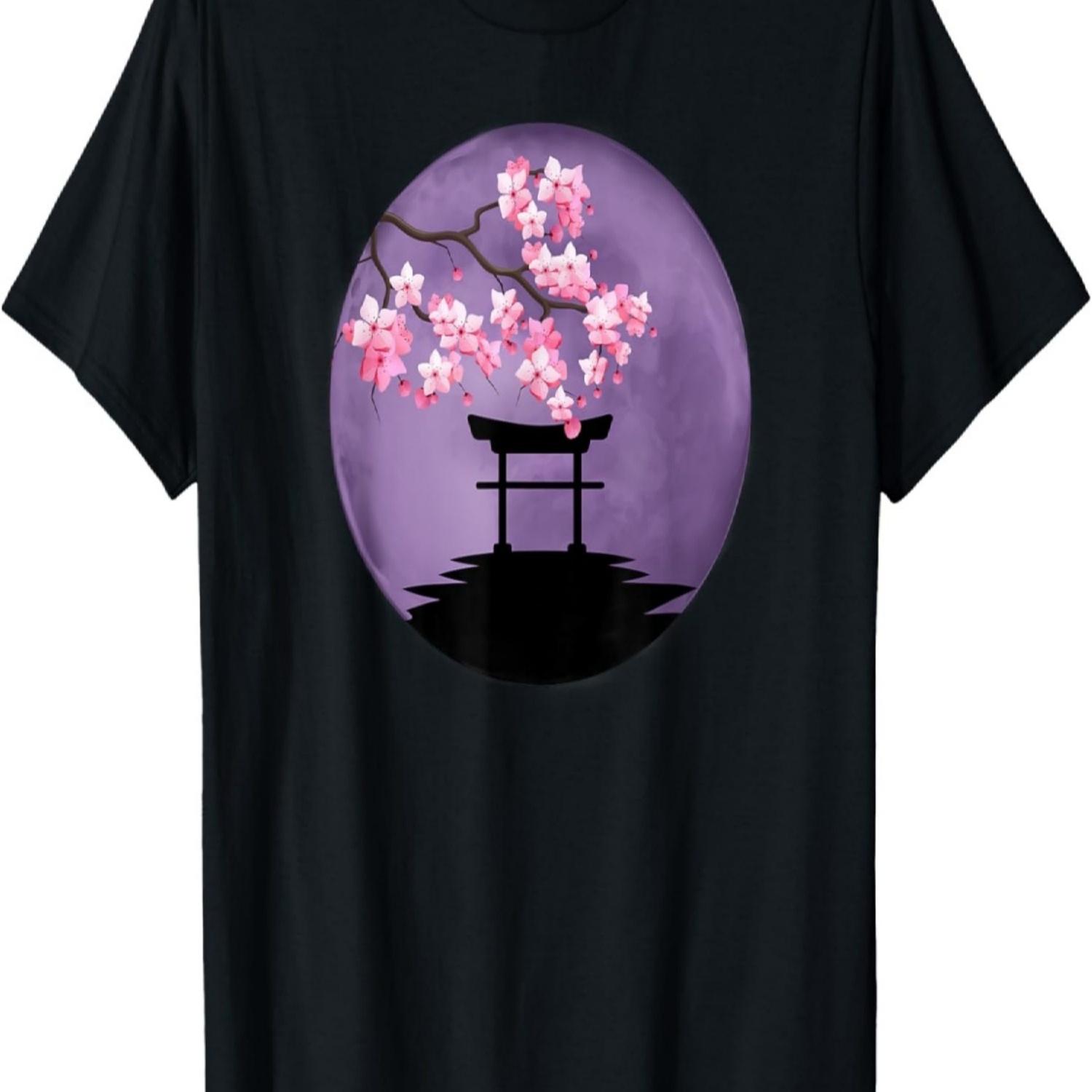 

Japan Torii Gate Shrine Cherry Blossom Purple Floating Moon T-Shirt S чёрный