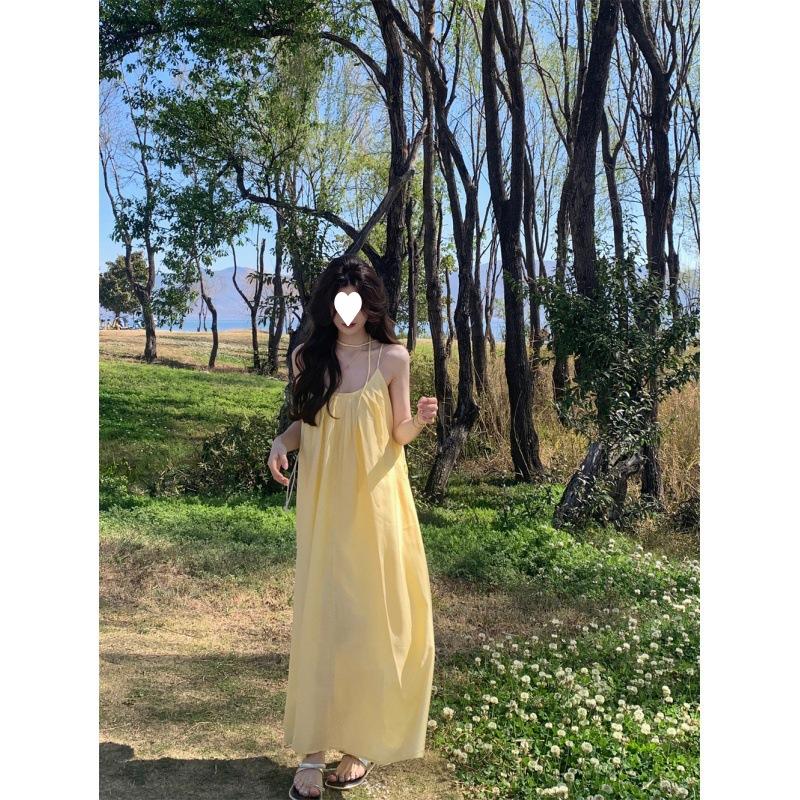 French Yellow Suspender Dress Women's Summer Seaside Vacation Style Dress Loose A-line Skirt Long Skirt
