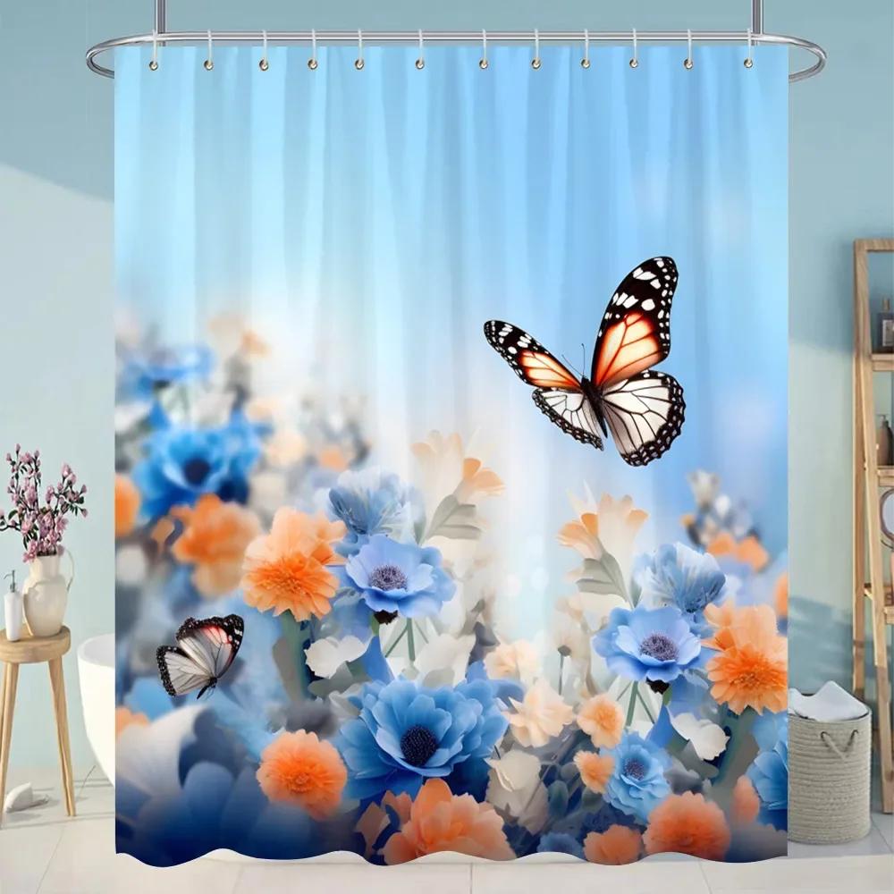 Botanical Floral Bathroom Curtains Tropical Green Leaf Butterfly Nature Landscape Polyester Fabric Shower Curtain Bathroom Decor