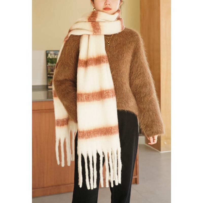 New autumn and winter thickened loop yarn braided tassel striped imitation cashmere scarf