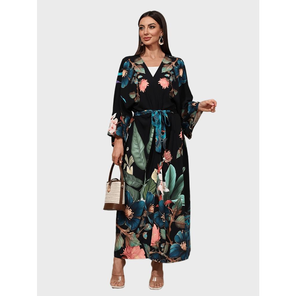 Beach Kimono Cover Ups for Women Plus Size Black Peacock Printed Summer Holiday Bathing Suits with Belt