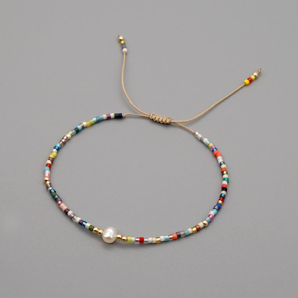 Retro Colorful Seed Bead & Faux Pearl Adjustable Bracelet - Trendy Hand-woven Jewelry for Women