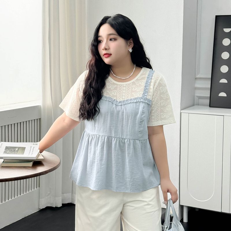 

Plus Size Women s Clothing [Sweet Dopamine] Plus Size Ladies Summer False Two-Piece Patchwork Embroidered Loose Easiest for Match Short Sleeve Tops Fog blue spelled apricot 5XL