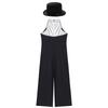 Girls Sparkle Rhinestone Sleeveless Jumpsuit Color Block Bow Decorated Bodysuit Jazz Dance Outfit Felt Top Hat