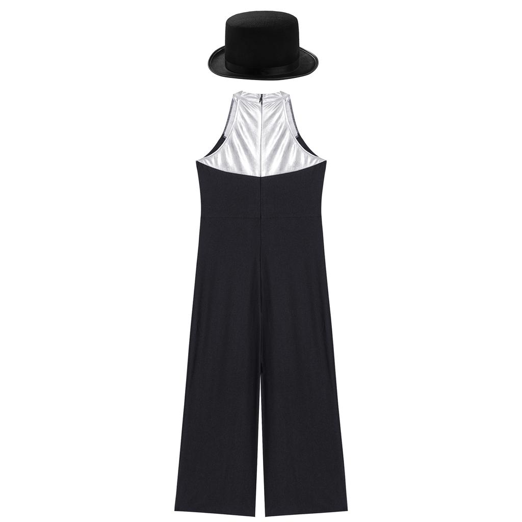 Girls Sparkle Rhinestone Sleeveless Jumpsuit Color Block Bow Decorated Bodysuit Jazz Dance Outfit Felt Top Hat