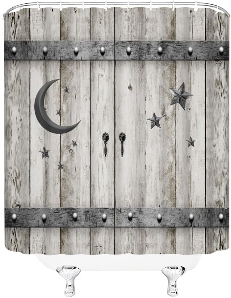 Country Barn Door Shower Curtain Farmhouse Rustic Wood Islam Crescent Moon Star Modern Vintage Western Country Grey Wooden