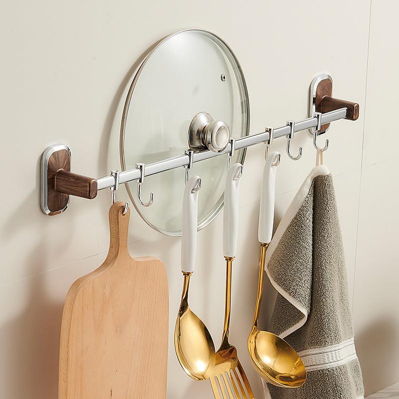 Wooden Grain Wall Mount Nopunch Kitchen Hooks With Multiple Steel Hangers For Cooking Utensils