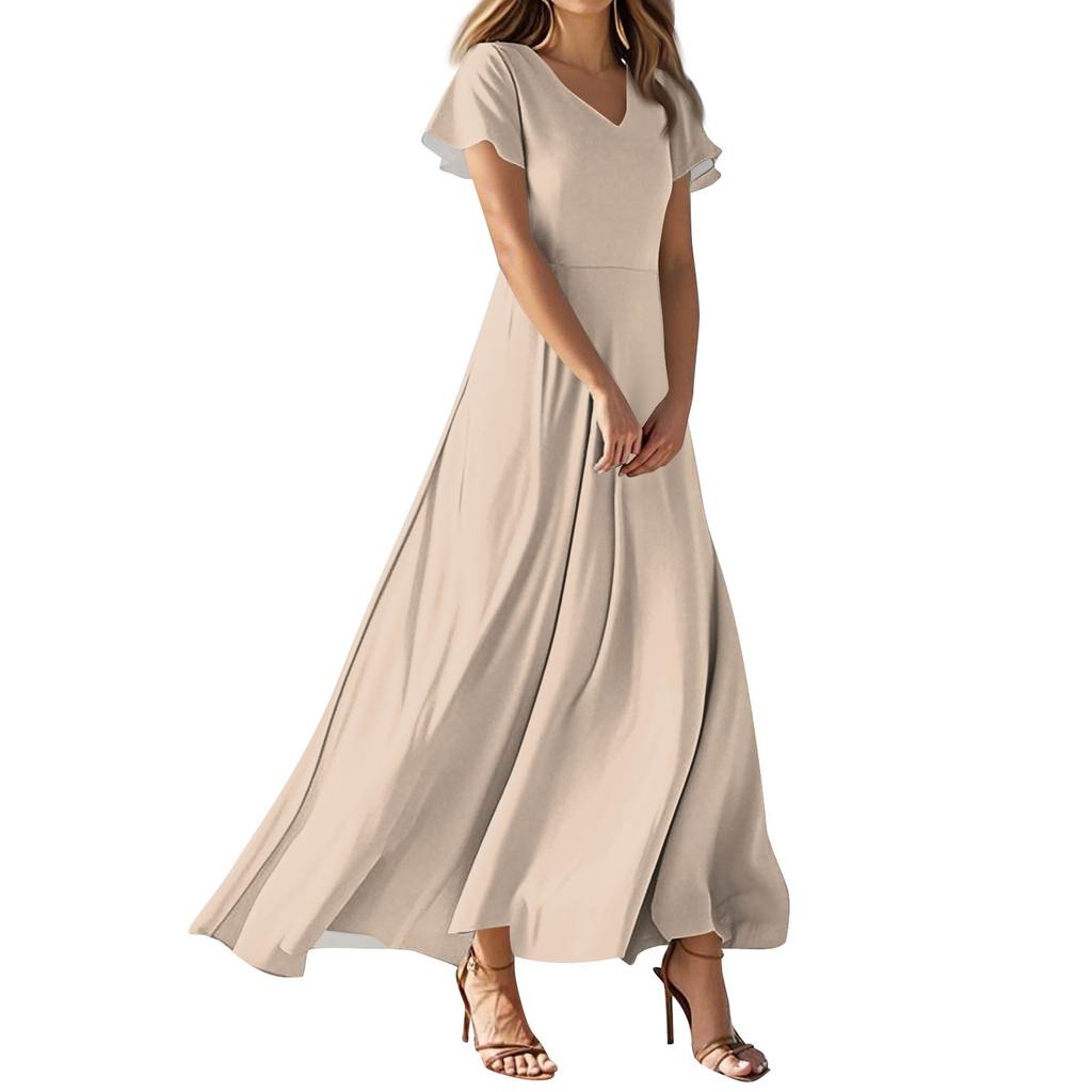 Women's Summer Casual Fashion Solid Color Dresses V-Neck Short Sleeve Dresses