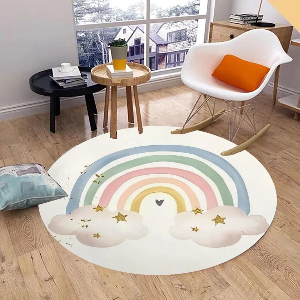 Runde Regenbogen-Wolken-Teppichmatte Teppich Heimdekoration Kinderzimmer Cartoon-Muster Bodenmatte für Wohnzimmer Kinderzimmer Schlafzimmer Dekoration