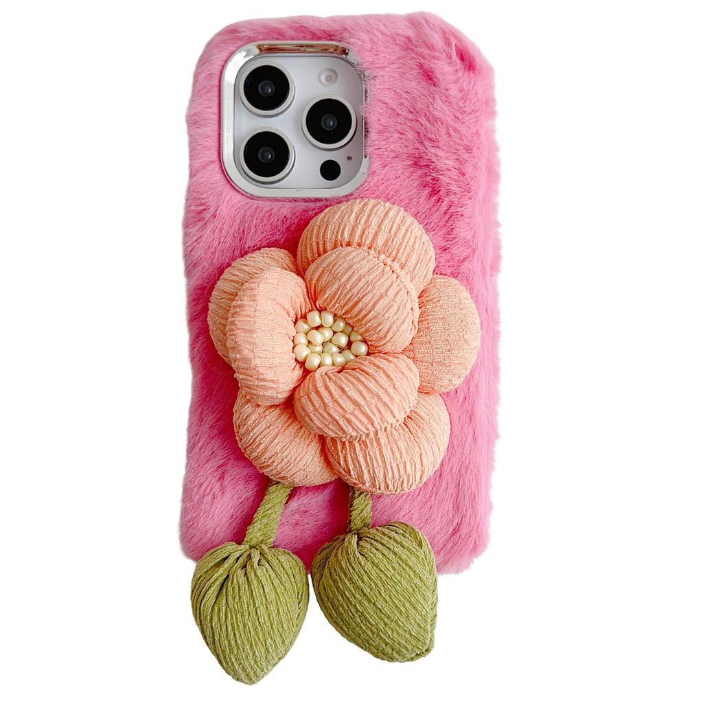 For iPhone 16 Pro Plush Phone Case 3D Flower Decor Fluffy TPU Back Cover