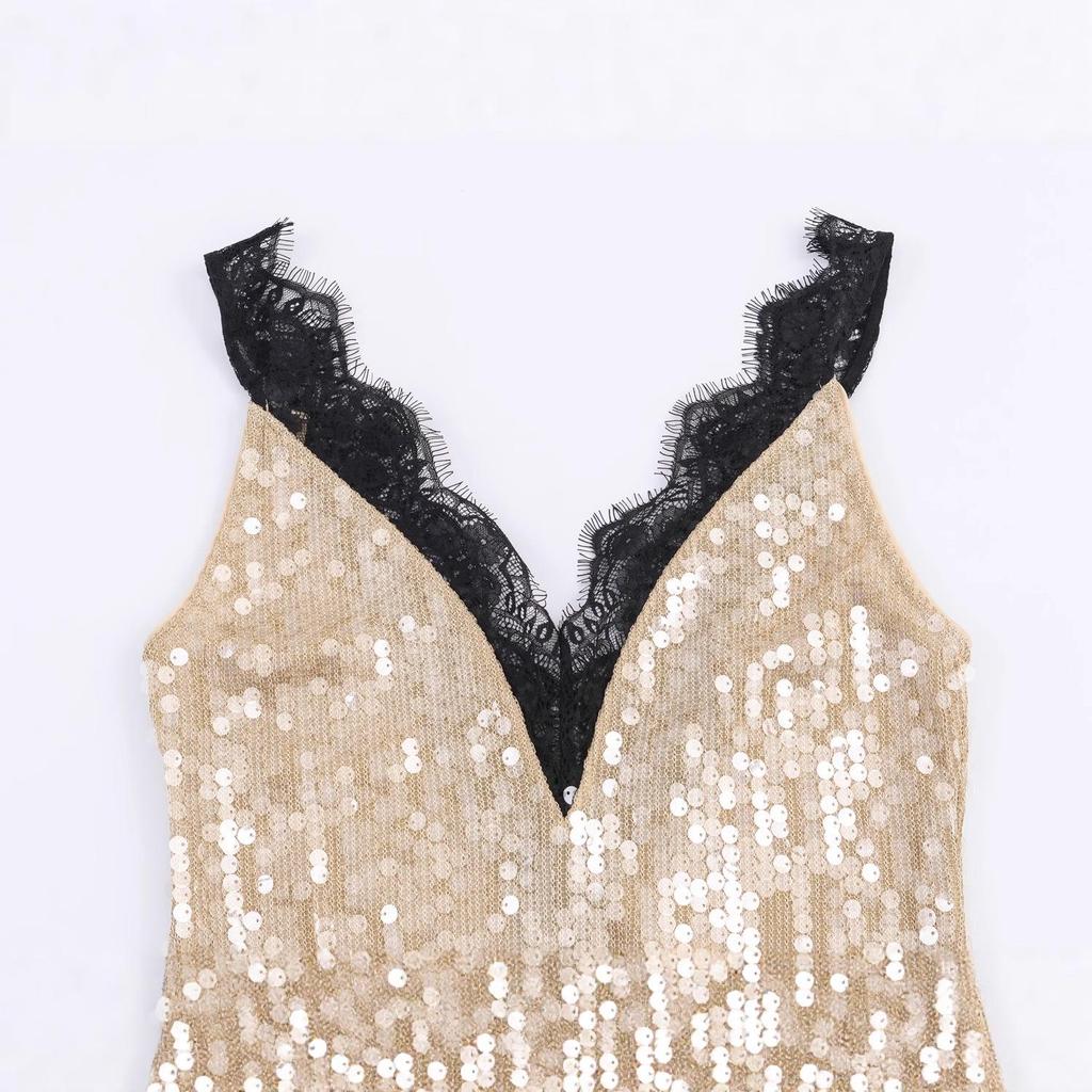 European American Women's Fashion Sequin Lace Dress