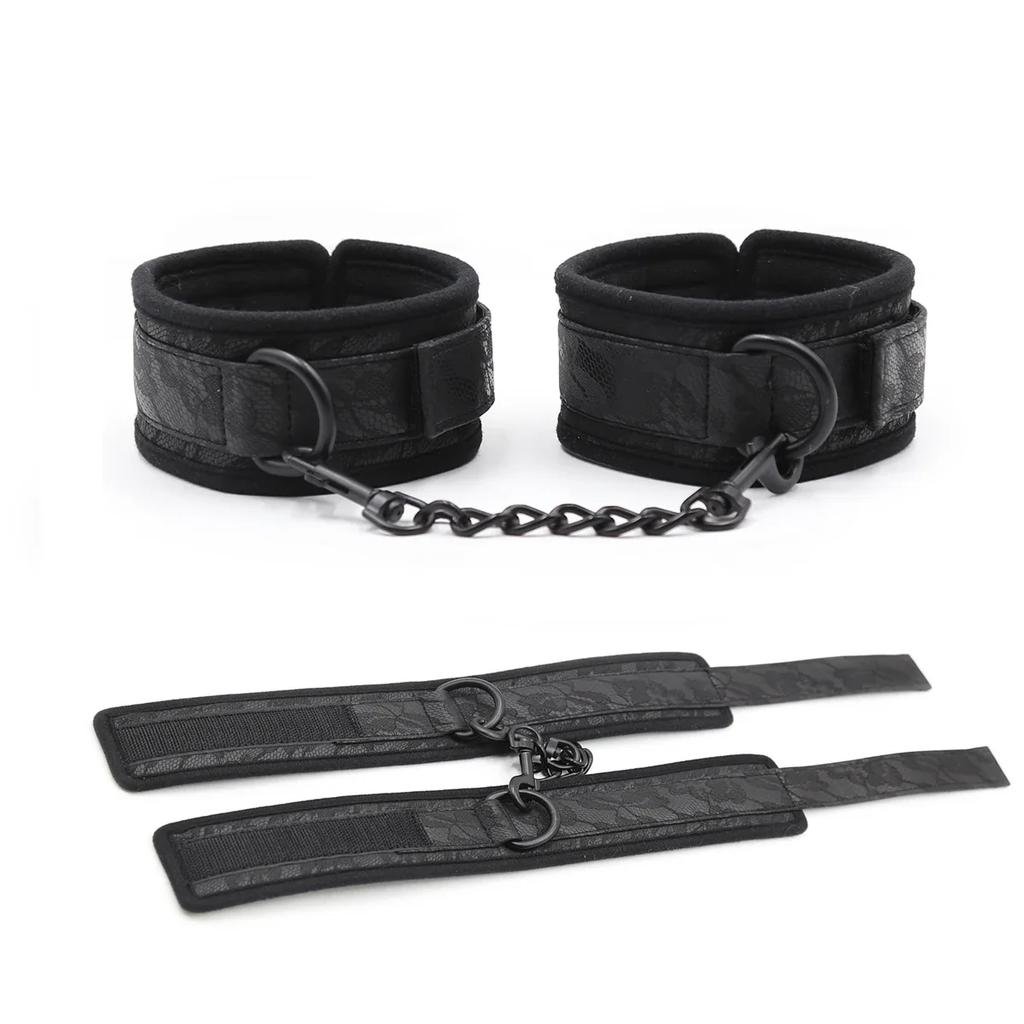 Adjustable Lace Neck Collar Handcuffs Ankle Cuffs Set  Slave Bondage Stainless Steel Open Leg Bar Sex Toys for Couples Woman