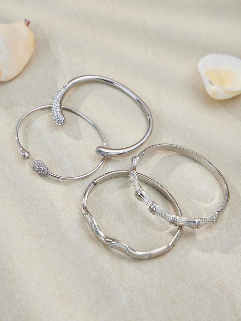 18K Goldbeschichteter Edelstahl Zirkon Geometrisches Offenes Armreif-Set