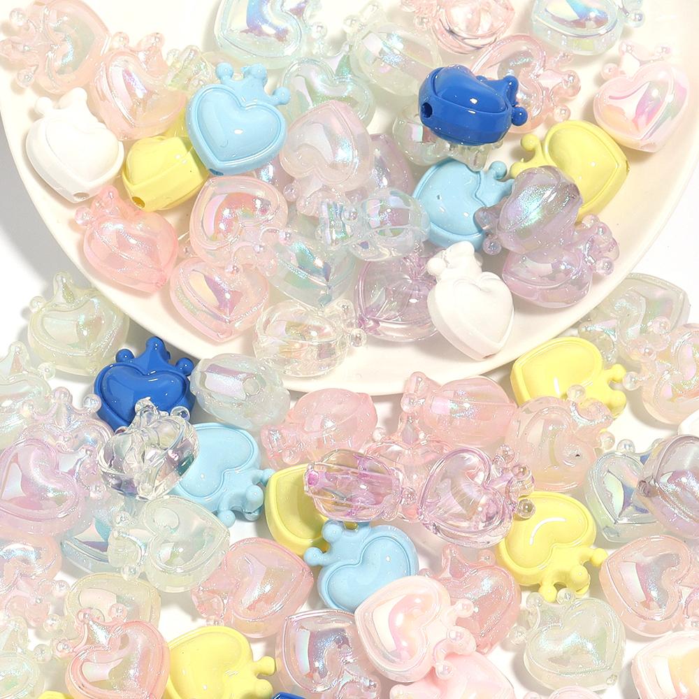 10Pcs 19x17mm Acrylic Beads Colorful Crown Heart Shaped Loose Beads For DIY Cute Bracelet Phone Chain Jewelry Accessories