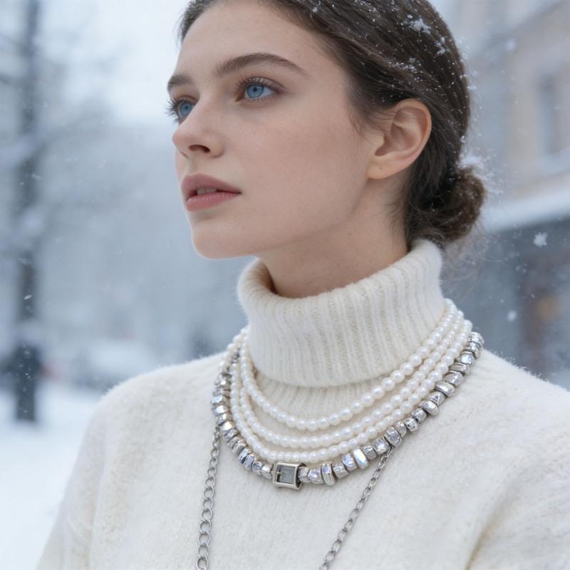 Double Layer Geometric Designs Collar Necklace with Imitation Pearls for Women Trendy Neckchain Fashion Jewelry