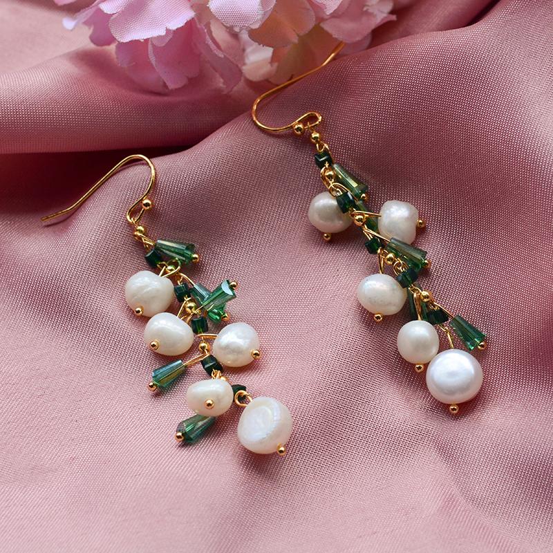 

New Arrival Trendy Green Crystal & Natural Freshwater Pearl 14K Gold Filled Female Tassels Drop Earrings For Women Gifts