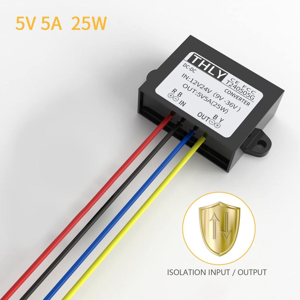 DC Buck 24V 12V To 5V Converter DC 8A 40W New Upgraded Isolated Voltage Reducer for Car Solar Golf and LED Lights Converter, Step-Down (Accepts 9-36V