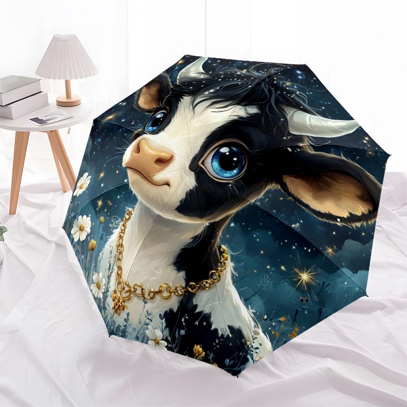 1 Stück Automatischer Faltregenschirm - Niedliches Kuhmuster, Tragbares & Faltbares Design mit 8 Speichen, Weihnachts-Geburtstagsgeschenke