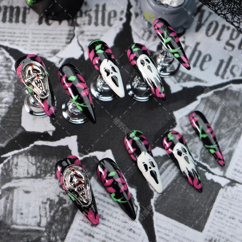 Press On Nails Women Ins Style Halloween Ghost Face Green Vine Red Leaf Dark Horror Design Acrylic False