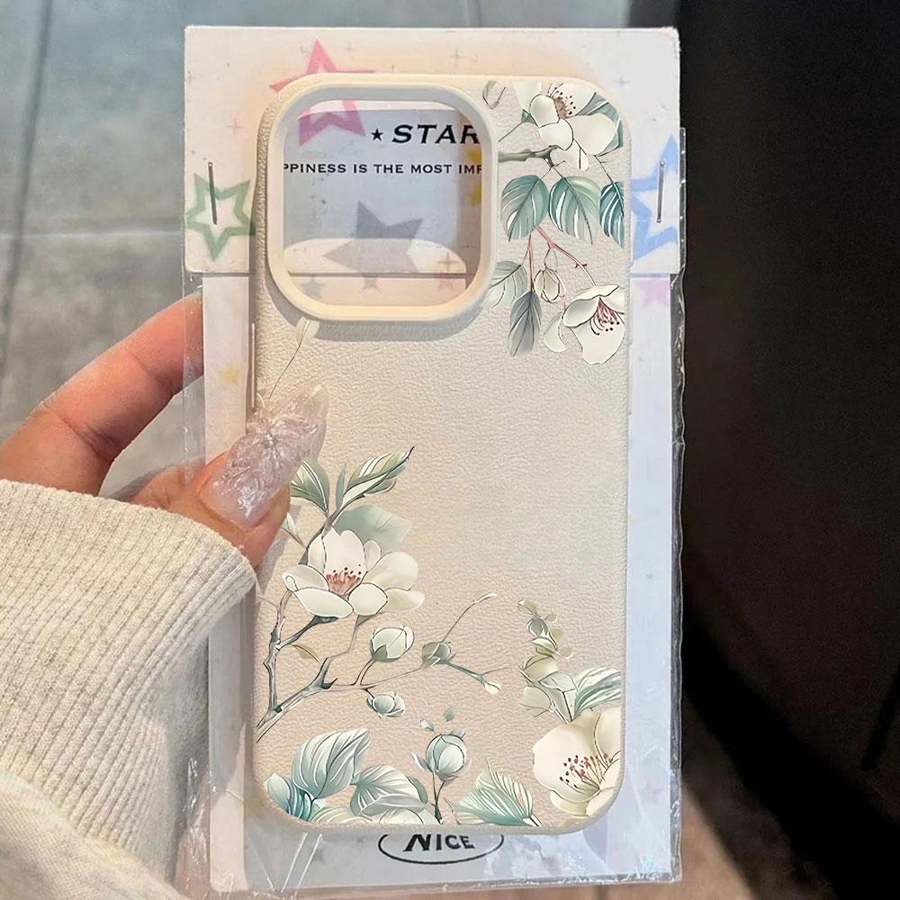 White Flowers Leaves Leather Phone Case For IPhone 15 12 14 13 11 16 17 Pro Max Plus 17 Air 16E Silicone New Design Luxury Cover