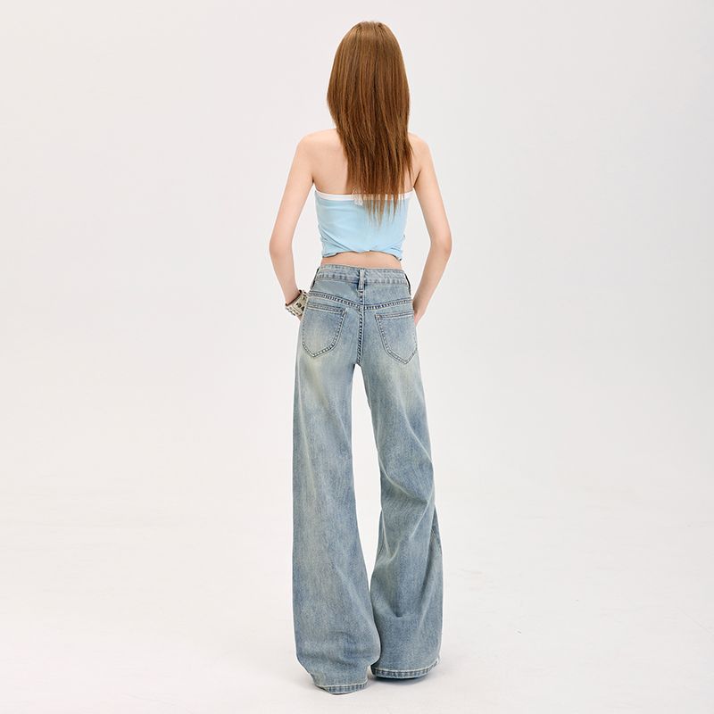 Spring Summer Light Blue Low Waist Micro Flare Denim Pants For Women Casual Pants Oversize Denim Trousers