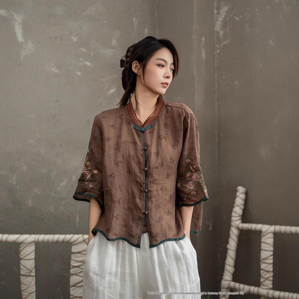 2025 Ethnic Style Ramie Shirt - Lightweight Embroidered Spring/Summer Chinese Design