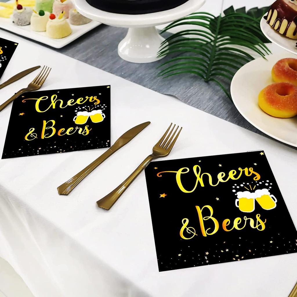 40 Pcs Cheers & Beers Napk Cheers Beer Party Supplies Disposable Cocktail Napk Black and Gold Foil Paper Napk for 30th 40th 50th 60th 70th 80th 90th