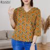 ZANZEA Women Casual V-Neck 3/4 Sleeve Loose Floral Print Blouse