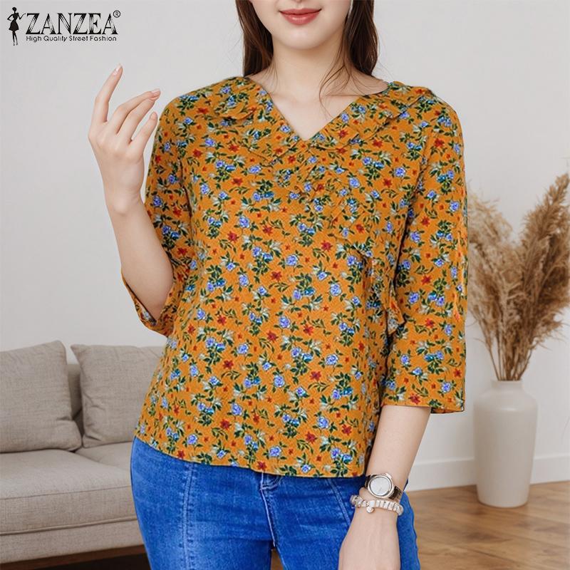 ZANZEA Women Casual V-Neck 3/4 Sleeve Loose Floral Print Blouse