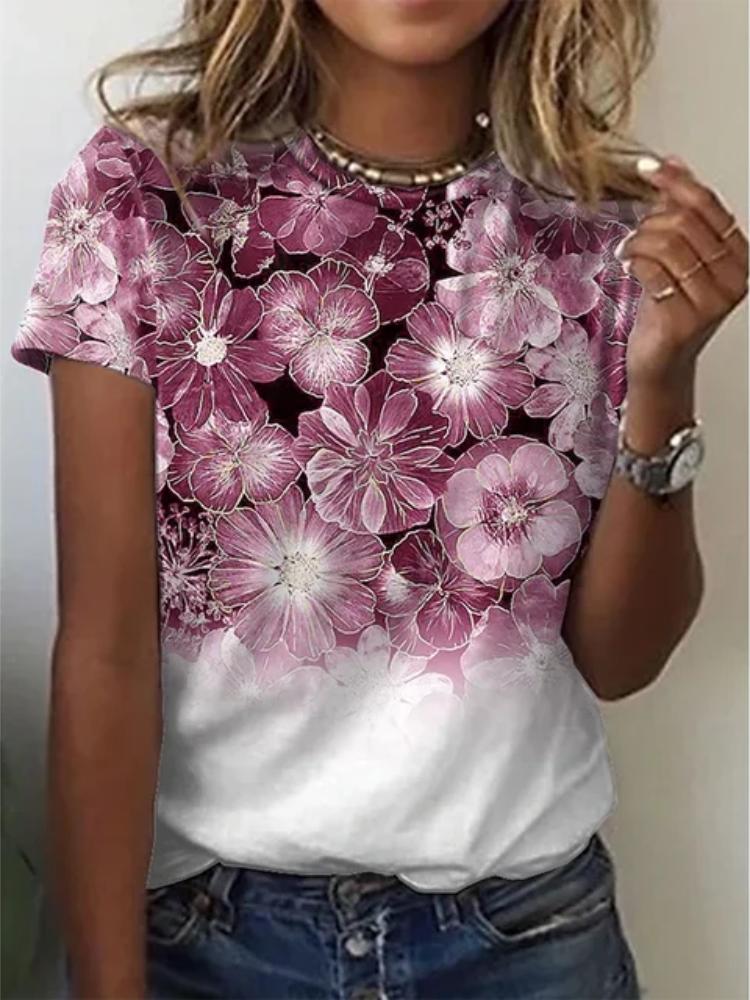 Sommar Nytt mode 3D Blomstertryck Kvinnor O-ringade T-shirts Kortärmad Casual Street Tee Lösa Kläder Kvinnliga Kläder