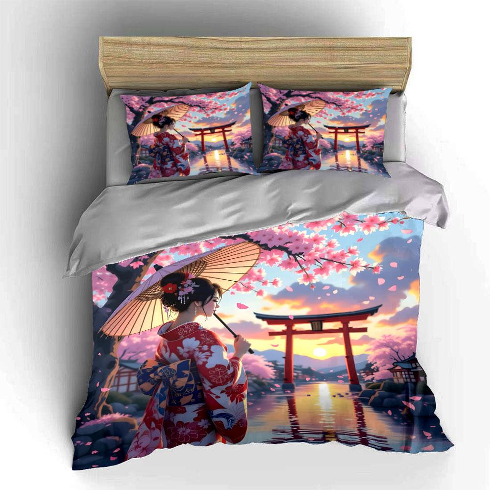 Cherry Blossom Geisha Design Bedding Duvet Cover Set (1*Duvet Cover 2*Pillowcases, without duvet insert)