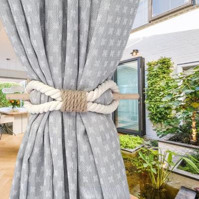2 Stück Baumwollseil-Vorhang-Raffhalter mit Holzstab, handgefertigt, Boho, rustikales Bauernhaus, Heimdekoration, Vorhang-Raffhalter, Vorhang-Zubehör