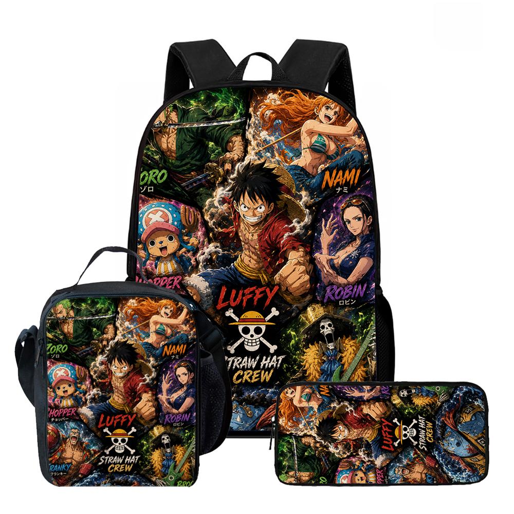 One Piece 15 Inch 3 Pcs Cartoon School Backpack Set Lightweight Bag With Lunch Bag Pencil Case For Boys Girls Grade 1-3 Mochila